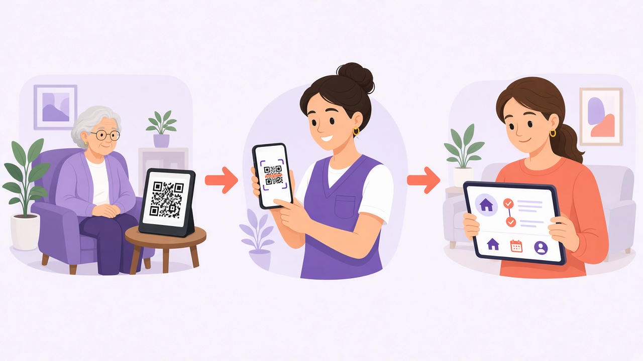Concept : écran QR, scan, suivi famille